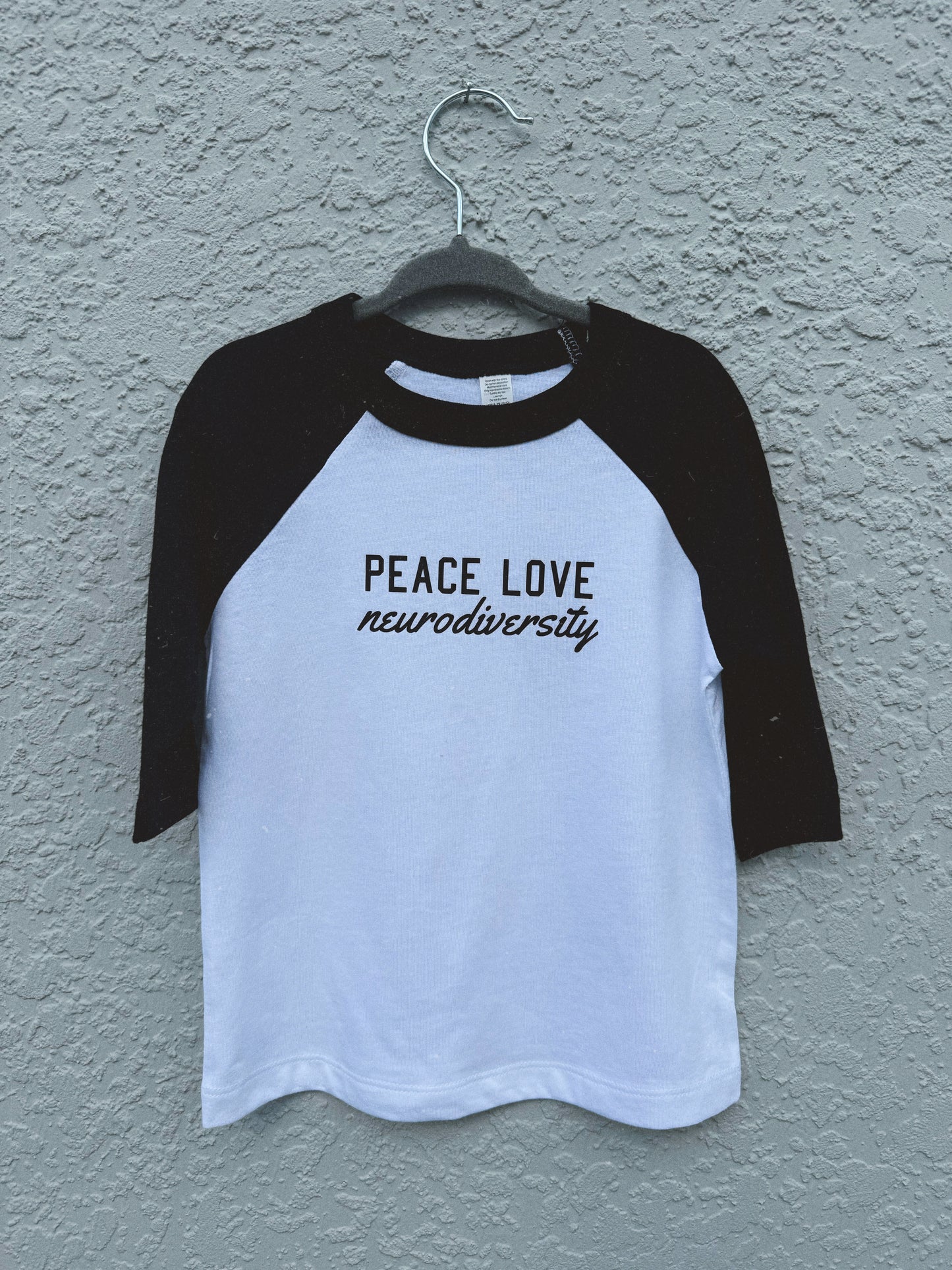 Peace, Love, Neurodiversity Toddler + Youth 3/4 Sleeve Baseball T-Shirt