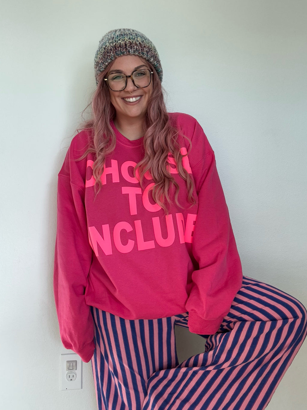 Unisex Neon Pink "Choose To Include" Puff Print Sweatshirt