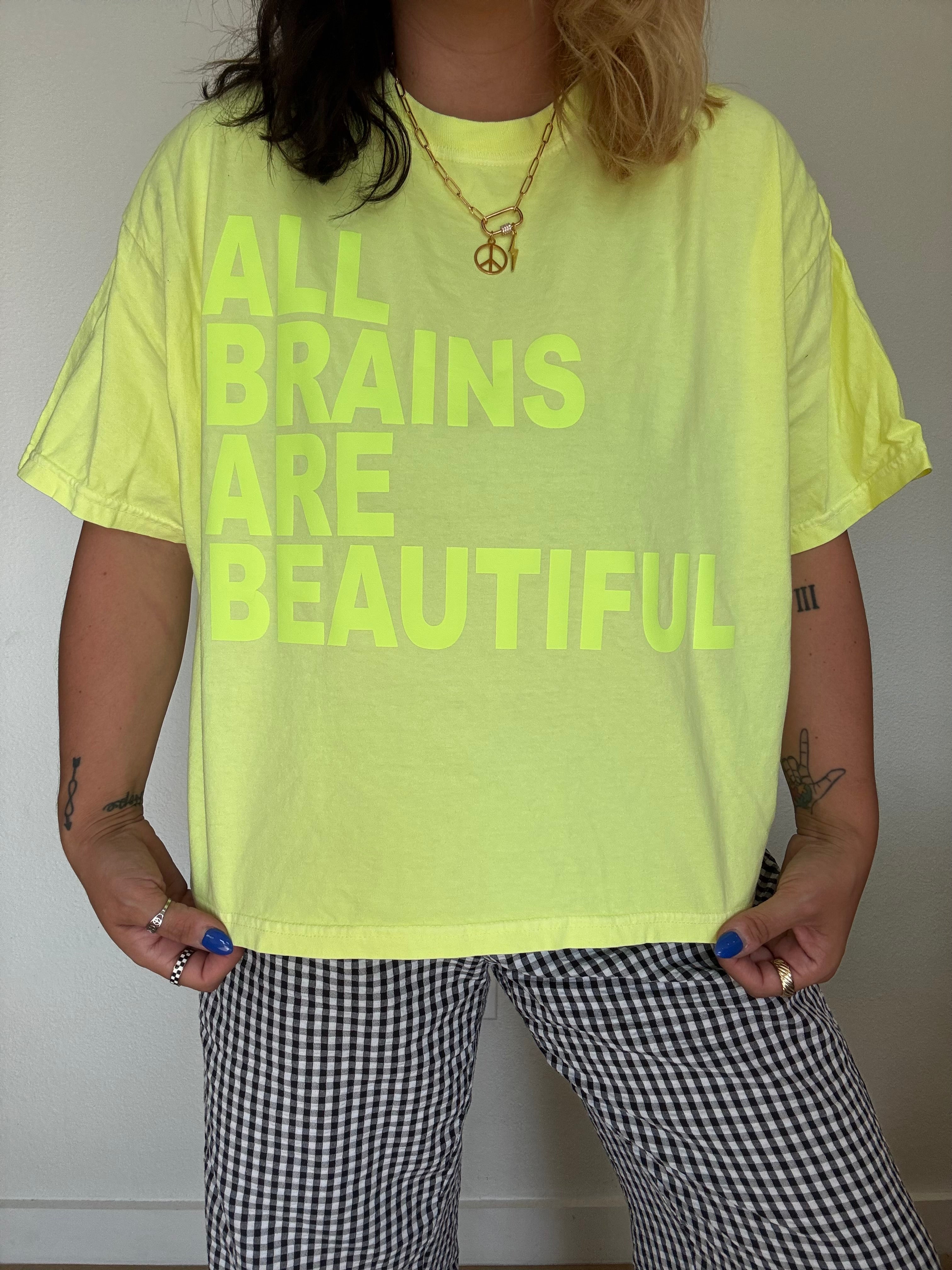 Womens Neon Lemon "All Brains Are Beautiful" Puff Print Boxy T-Shirt