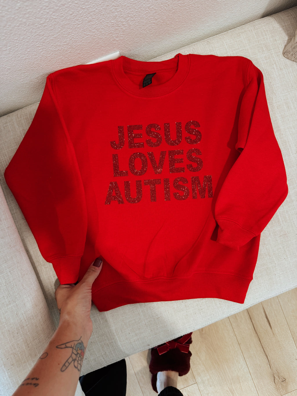 Toddler + Youth “Jesus Loves Autism” Christmas Red Sparkle Crewneck