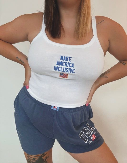 Women’s “Make America Inclusive” Cropped Tank – White
