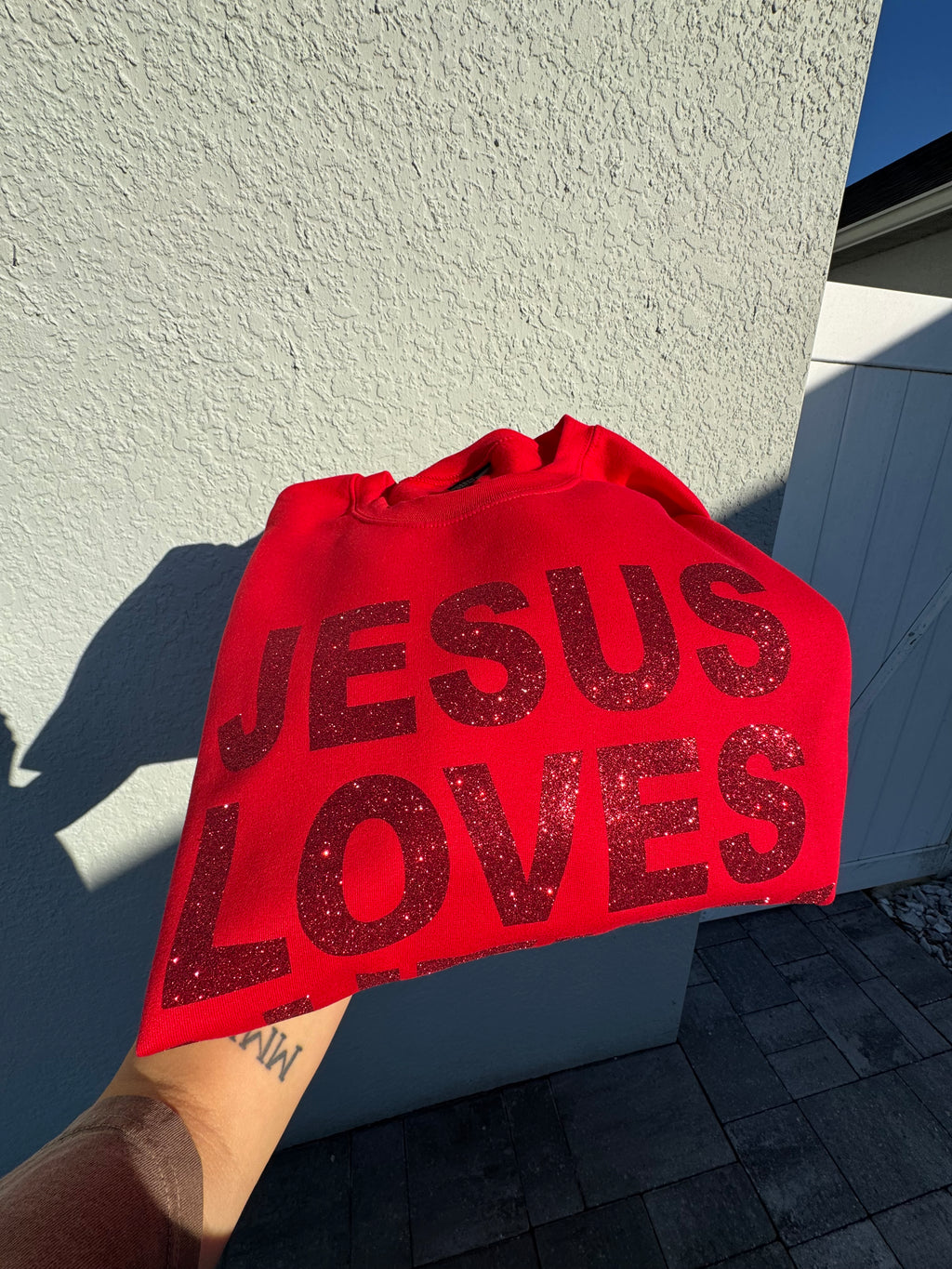 Unisex “Jesus Loves Autism” Christmas Red Sparkle Crewneck