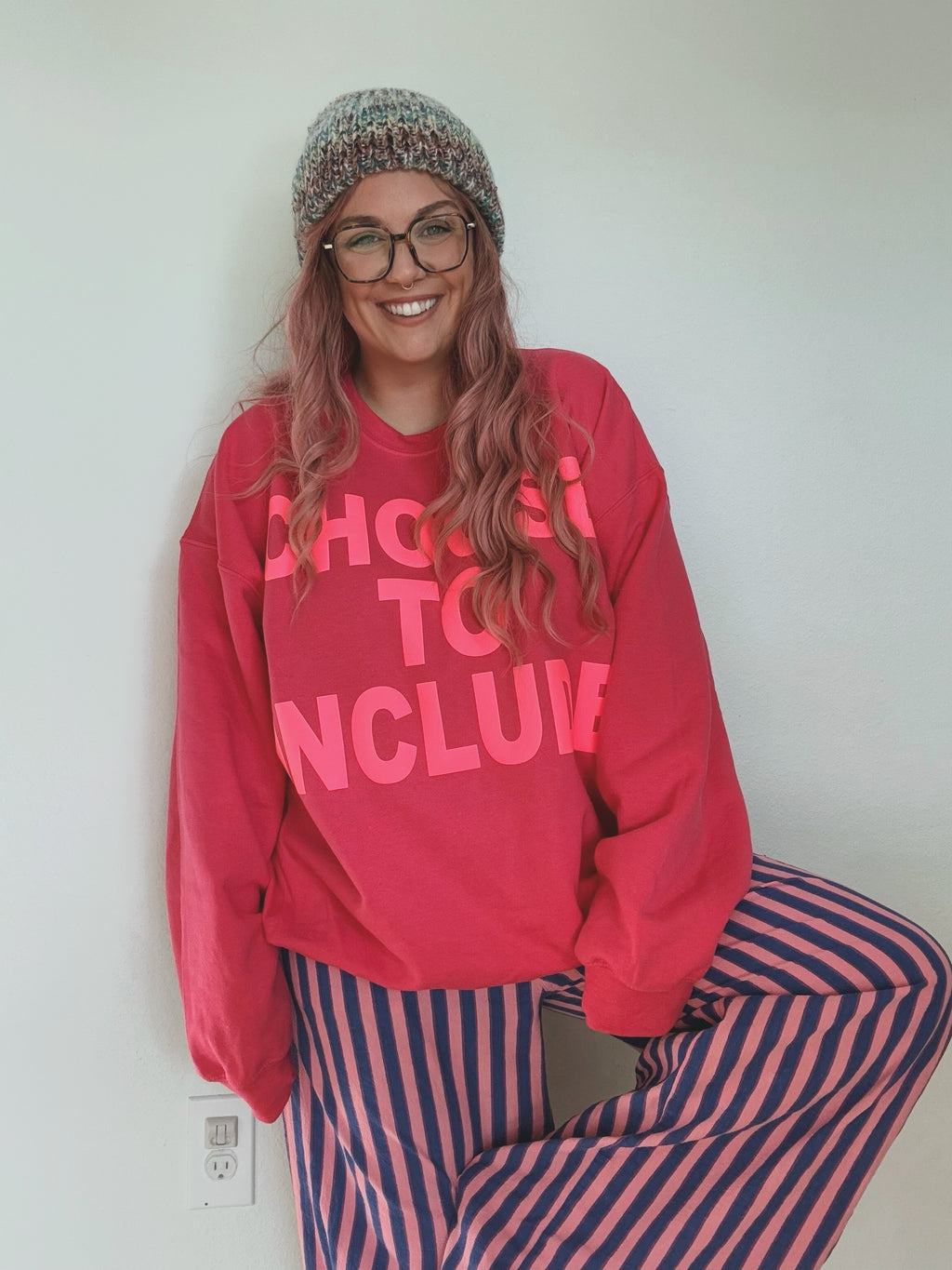 Unisex Neon Pink "Choose To Include" Puff Print Sweatshirt