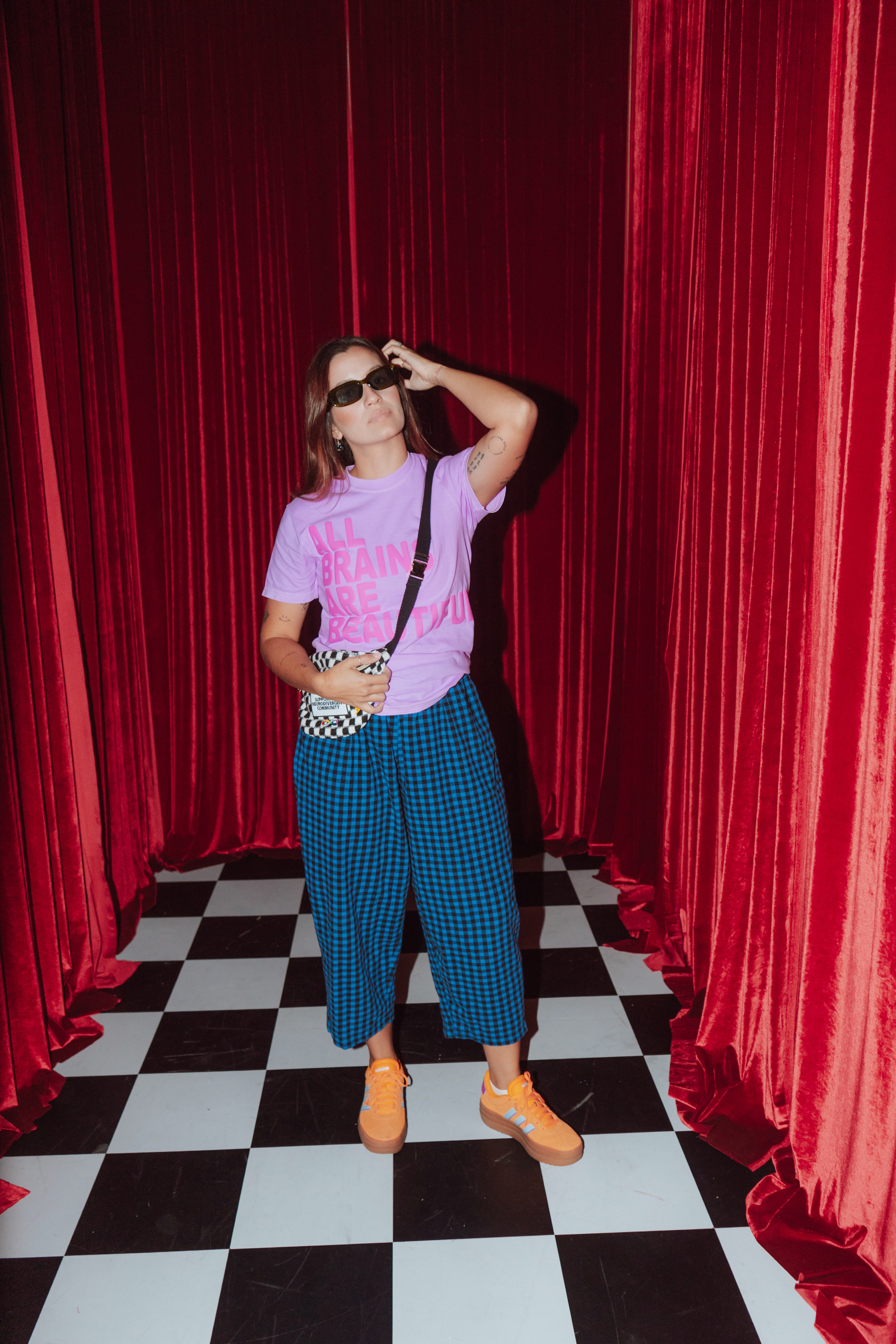 “Support The Neurodivergent Community” Patch Checkered Sling Bag