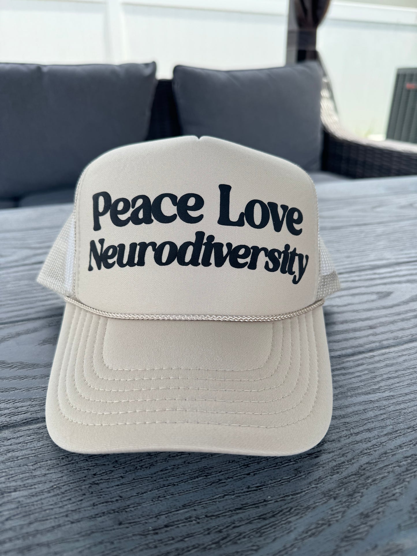 Peace, Love, Neurodiversity Puff Trucker Hat