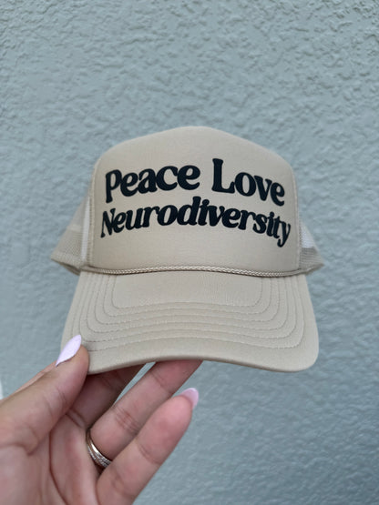 Peace, Love, Neurodiversity Puff Trucker Hat