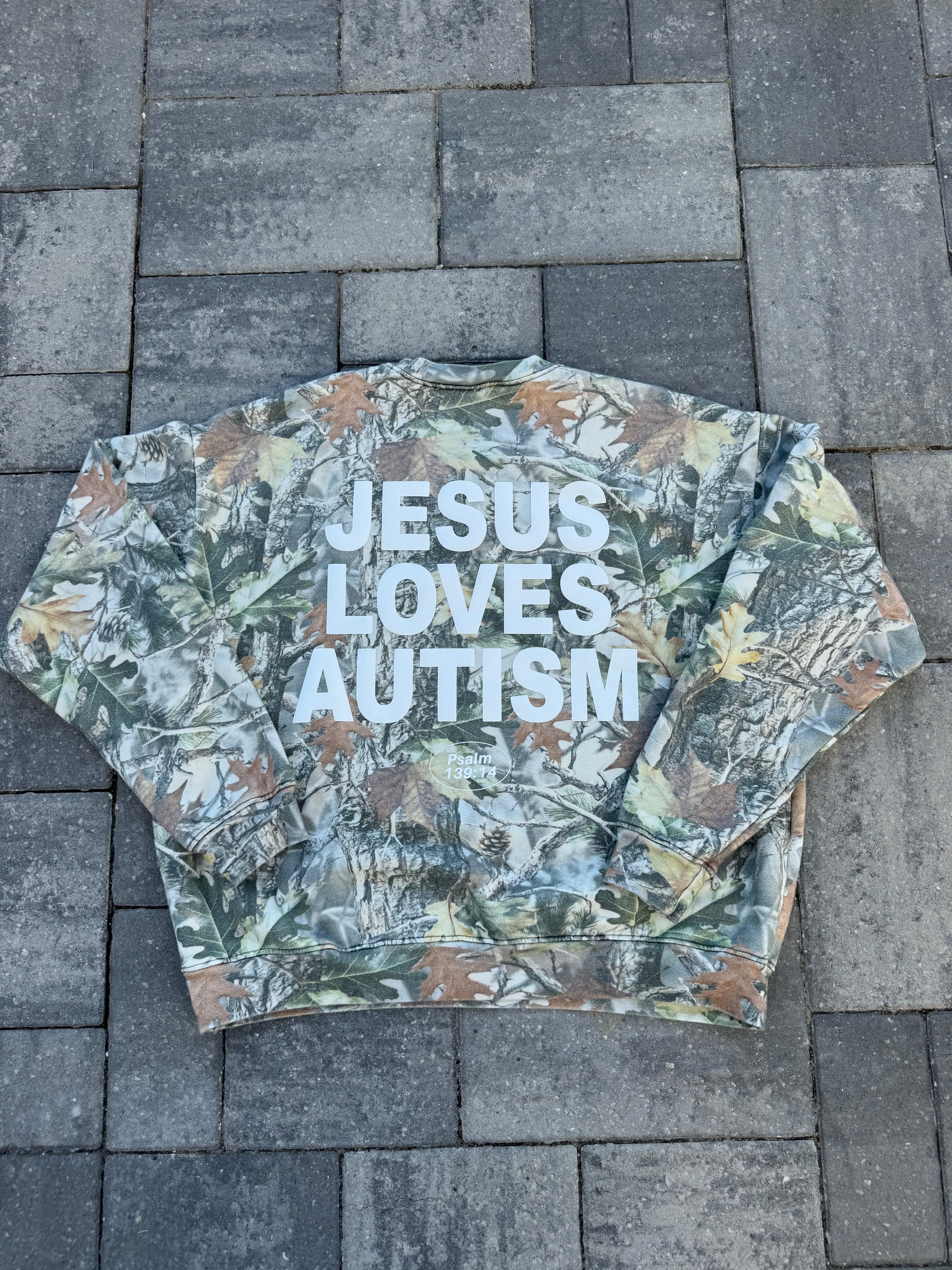 Vintage Camo "Jesus Loves Autism" Cotton Collective Crewneck