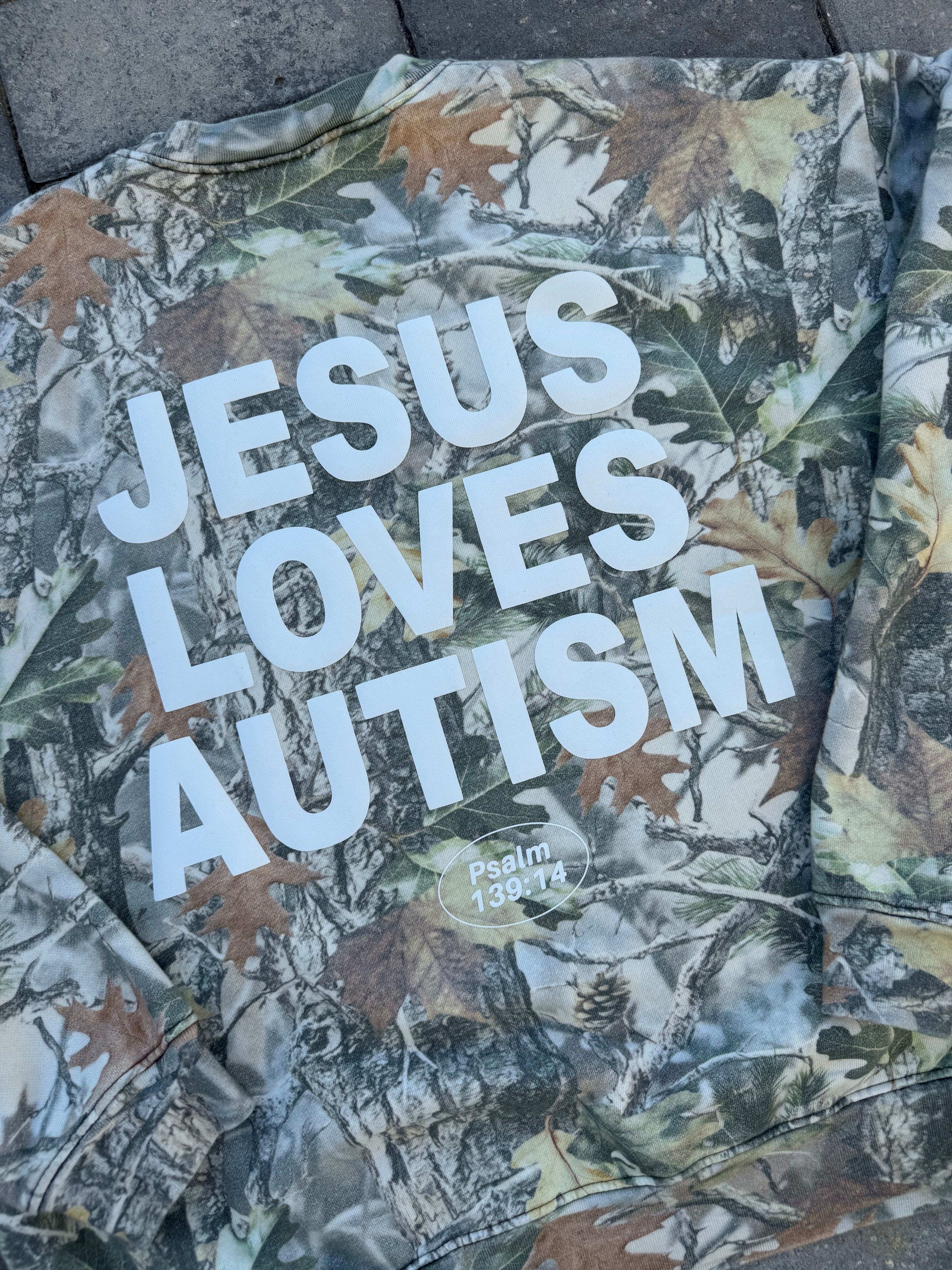 Vintage Camo "Jesus Loves Autism" Cotton Collective Crewneck