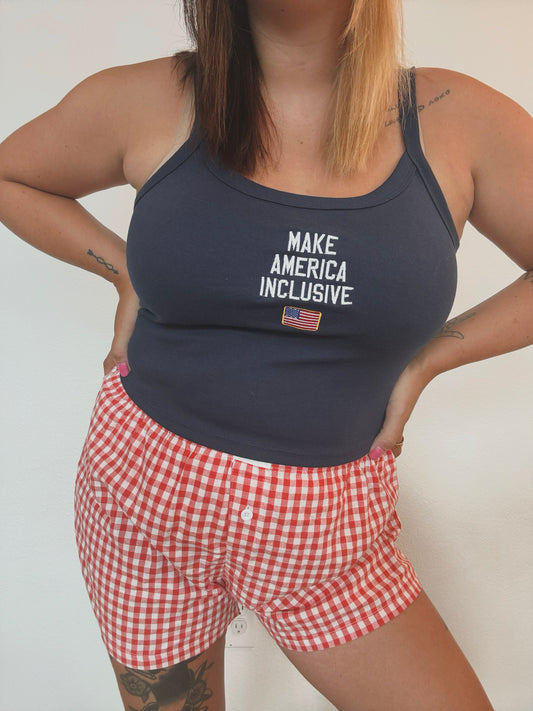 Women’s “Make America Inclusive” Cropped Tank – Navy Size Large