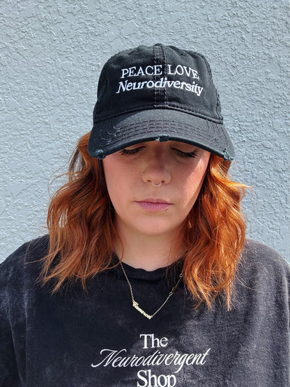 Peace, Love, Neurodiversity Embroidered Distressed Hat