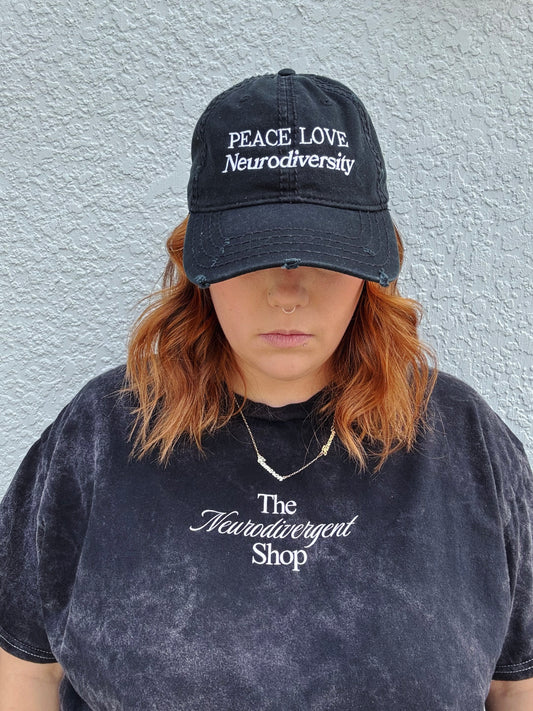 Peace, Love, Neurodiversity Embroidered Distressed Hat