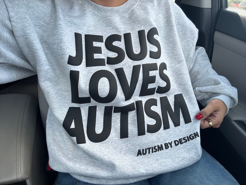 Unisex Ash "Jesus Loves Autism" Puff Print Sweatshirt