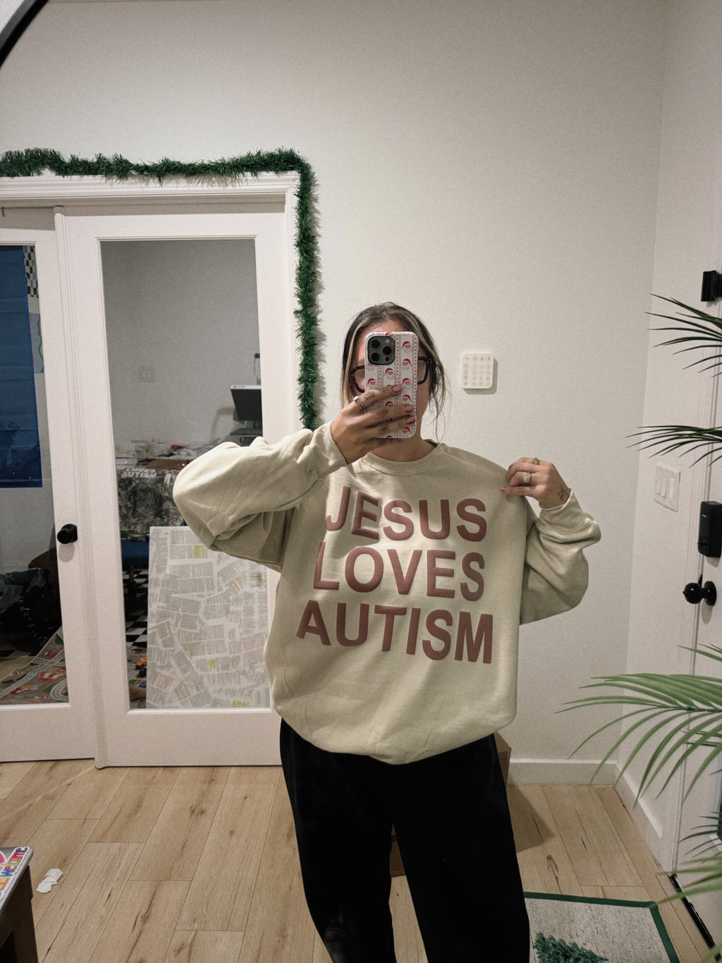 Unisex Tan "Jesus Loves Autism" Puff Print Sweatshirt