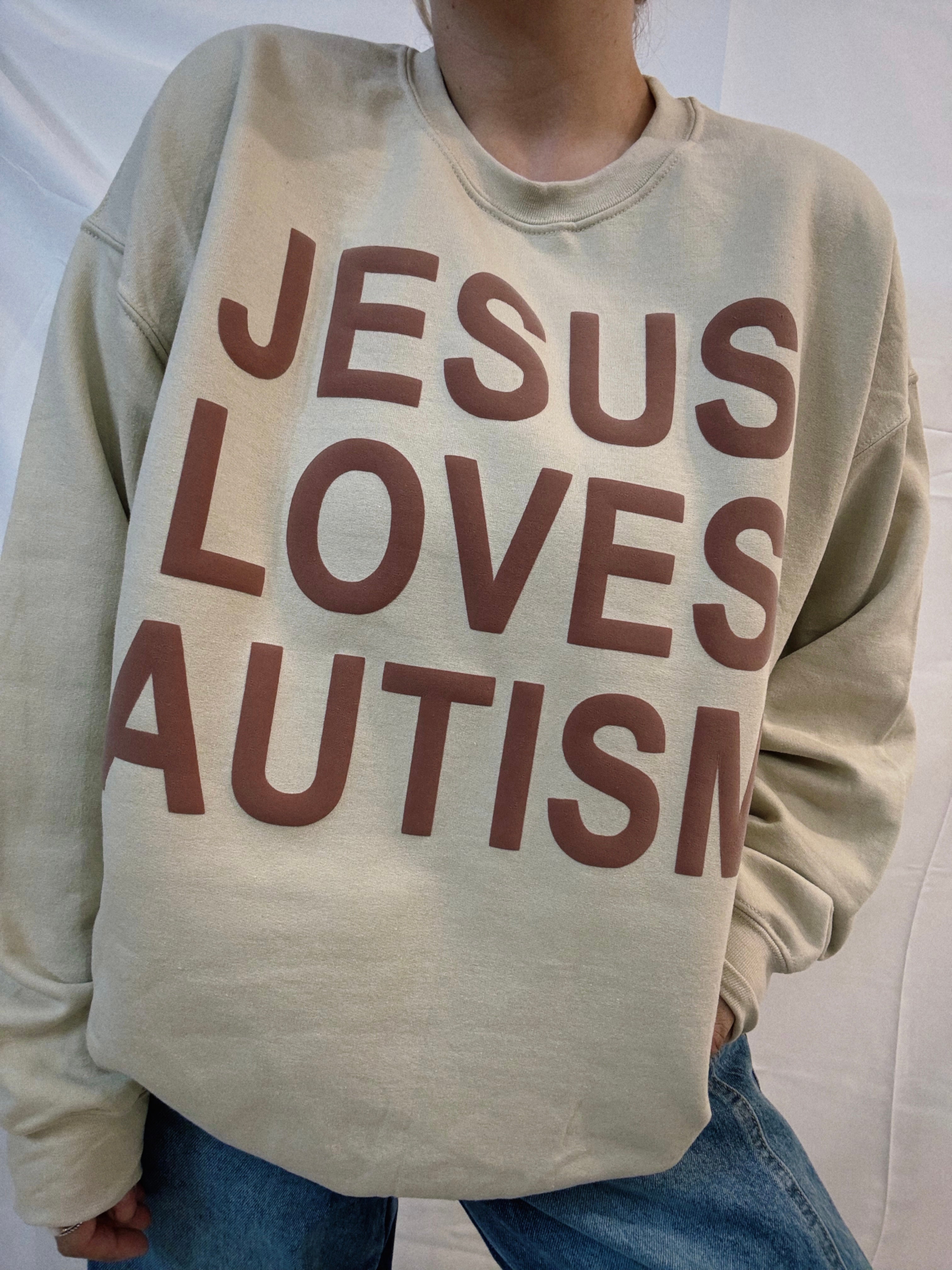 Unisex Tan "Jesus Loves Autism" Puff Print Sweatshirt
